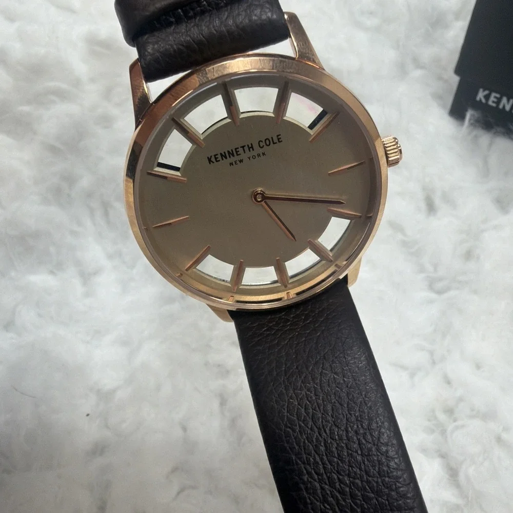 Mens Kennth Cole New York‎ Watch Dress Formal Champagne Face Leather Strap New!
